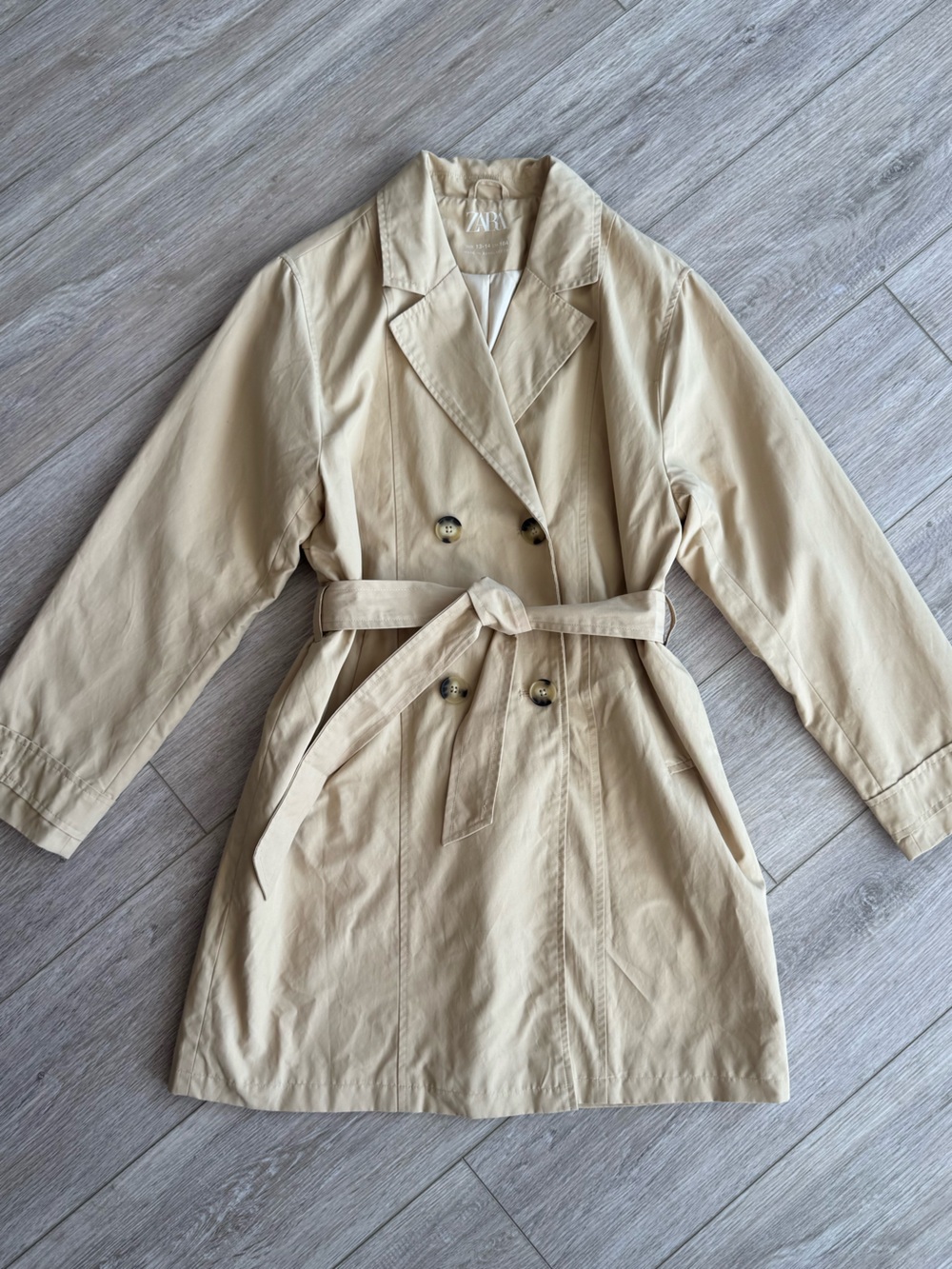 Zara Girls Beige Double-Breasted Belted Trench Coat Size 13–14